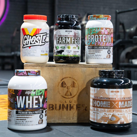 Club Bunker's large range of protein supplements. Including Axe and Sledge Farm Fed, Home Made, Ghost Lifestyle Whey and Vegan Protein, Inspired Protein + Collagen, and Inspired Whey