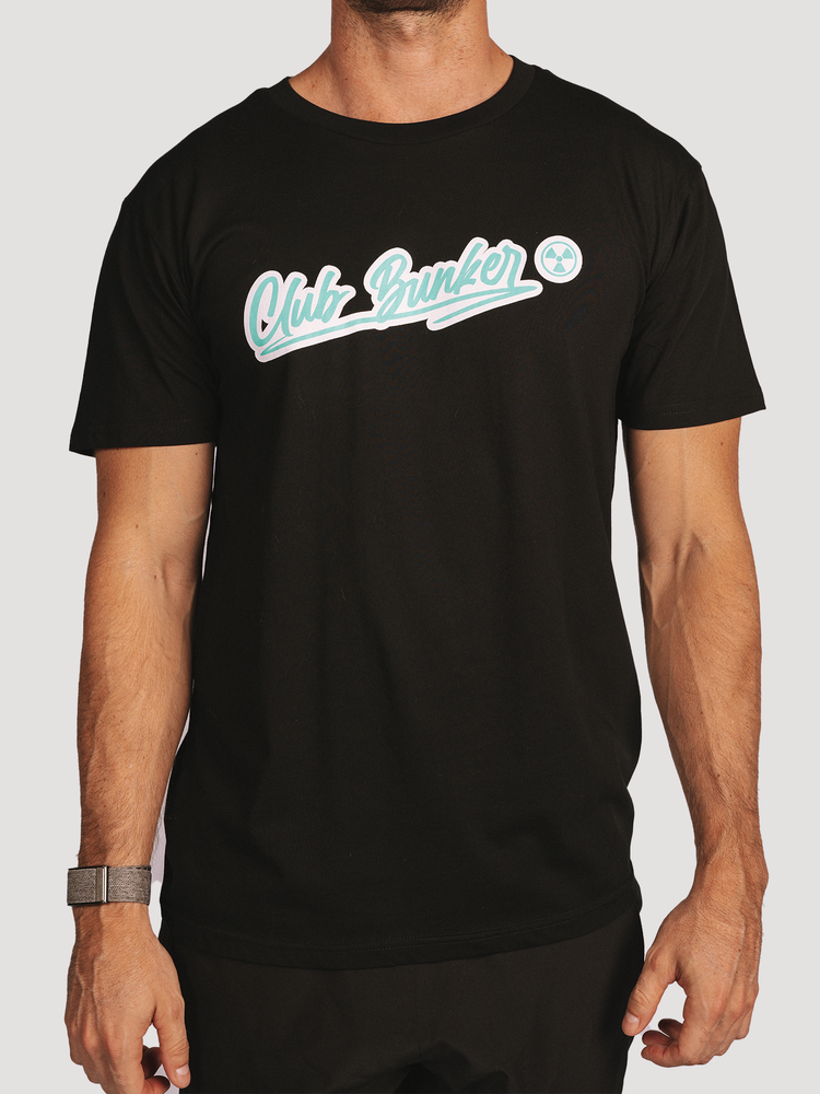 Club Bunker Outline Tee - Mens-Merch-Club Bunker-Black with Teal Logo-S-Club Bunker