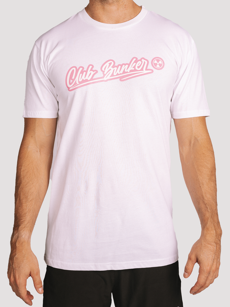 Club Bunker Outline Tee - Mens-Merch-Club Bunker-White with Pink Logo-S-Club Bunker