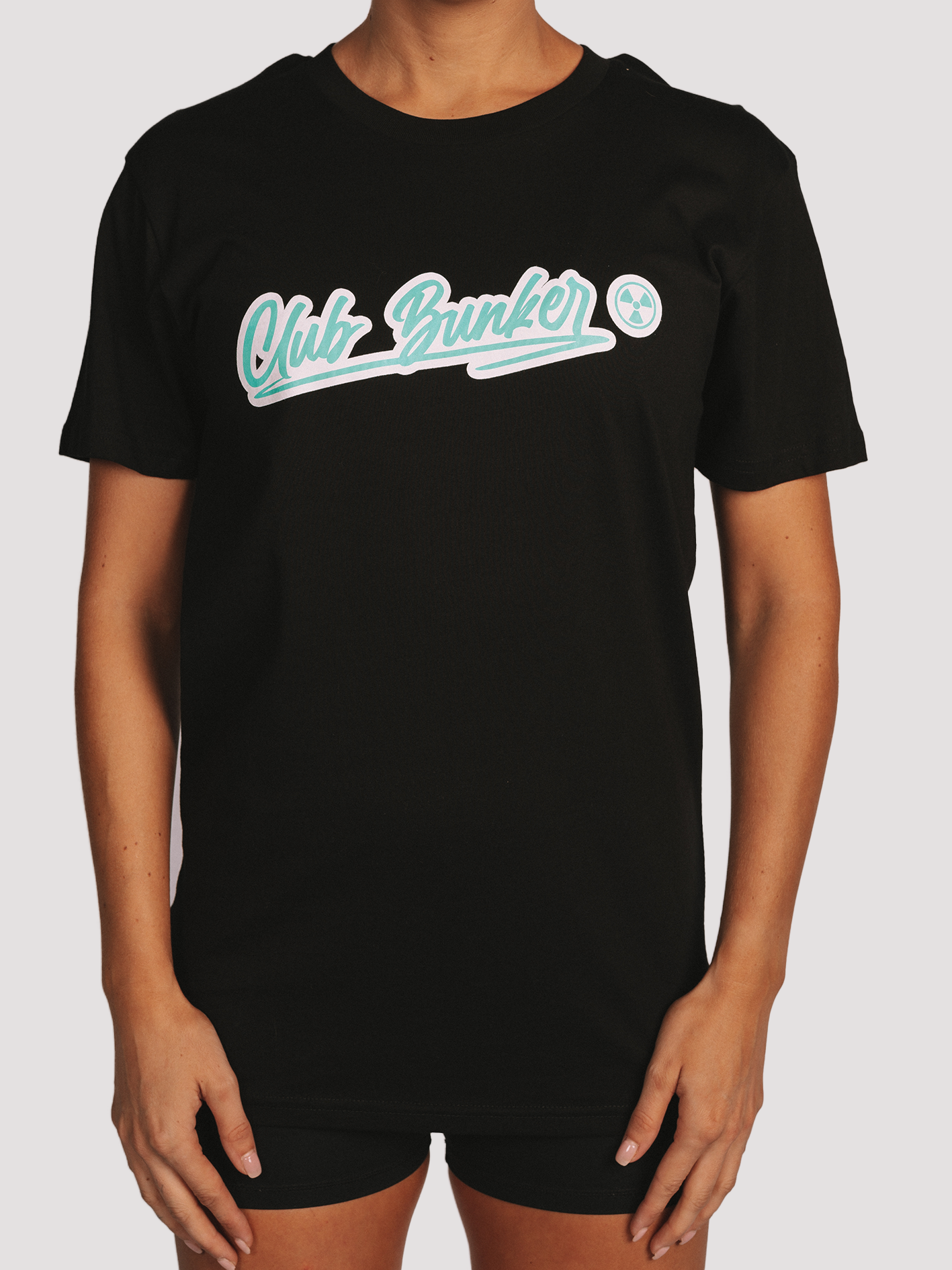 Club Bunker Outline Tee - Womens-Merch-Club Bunker-Black with Teal Logo-S-Club Bunker