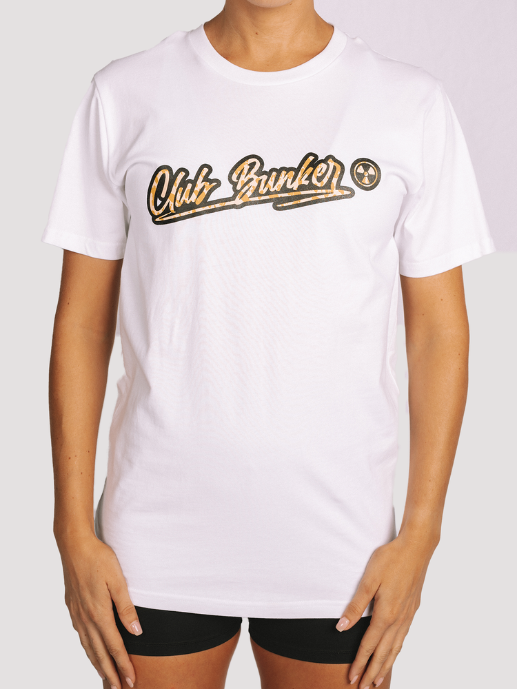 Club Bunker Outline Tee - Womens-Merch-Club Bunker-White with Yellow Leopard Print-S-Club Bunker